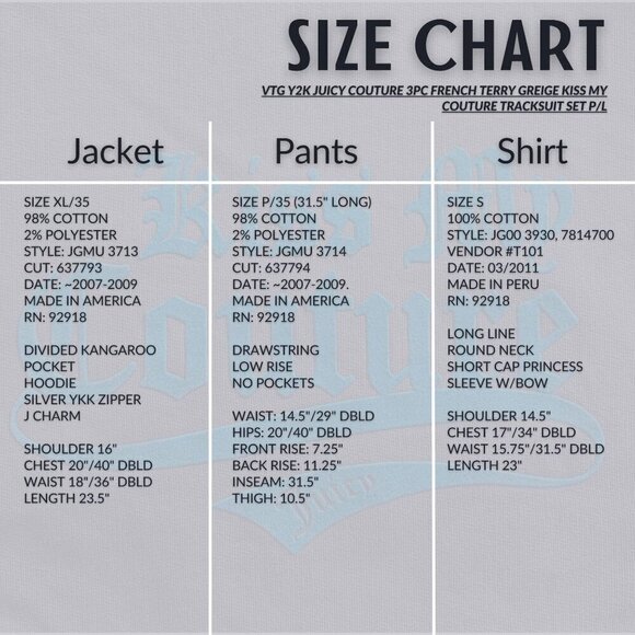 Vtg Y2K JUICY COUTURE 3pc French Terry Greige Kiss My Couture Tracksuit Set P/S - Picture 4 of 10